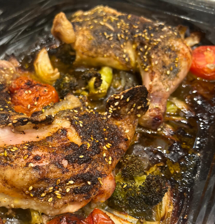Za'atar chicken in roasting pan